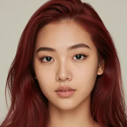 portrait of a red dyed hair girl with light brown skin, black eyes, eyeliner