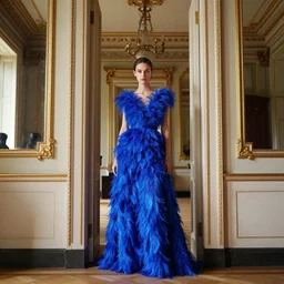a fashion model in a blue dress made of feathers standing in a doorway, neoclassicism, hall of mirrors, elegant, official vogue editorial, highly detailed