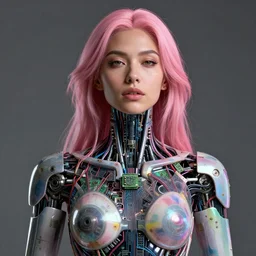 portrait of a beautiful mexican woman with pink hair as a cyberpunk cyborg half robot, revealing wires and electronics, circuit boards, wire management, sci - fi, missing panels, intricate abstract upper body intricate artwork, concept art, octane render, deviantart, cinematic, key art, hyperrealism, iridescent accents, portrait photograph, nikon 3 5 mm, photograph by greg rutkowski