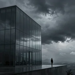 emissary mountain space by arthur haas and bruce pennington and john schoenherr, cinematic matte painting, modern glass building, photo realism, stormy weather, dark monochrome color palate, tiny woman silhouette for scale in rule of thirds