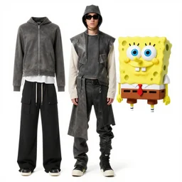 Spongebob wearing Rick Owens clothing, avant garde fashion look and clothes, outfit photograph, trending on r/Streetwear