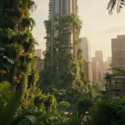 8 k film still, hyperdetailed mega city, overgrown with lush plants, golden hour.
