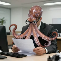 photo of an octopus!!! in a suit and glasses, reading a document at a desk in an office. Highly detailed 8k. Intricate. Sony a7r iv 55mm. Award winning.