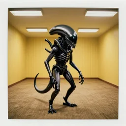 black glossy xenomorph in endless vacant office, pale yellow wallpaper, walls are plastered mono yellow, rectangular white florescent lights randomly arranged, drop down ceiling, old tan brown carpet across the floor, cross section walls, polaroid, dramatic lighting, photorealistic, art by h. r. giger and chris foss and beksinski