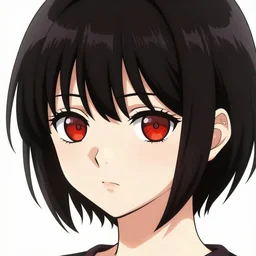 a manga key visual featuring a short, goth anime girl with crimson-red eyes, face close up, sharp, carefully drawn, detailed, beautiful, high quality, wallpaper 4K, Yen Press, pixiv, danbooru, official media