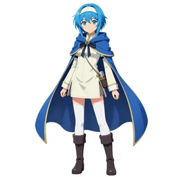 a blue-haired traveller, alchemist girl, short hair, wearing a headband, short pale tunic and white stockings, high boots, azure cape, anime character; in the Japanese fantasy videogame; character concept art; trending on artstation, highly detailed, clean lineart