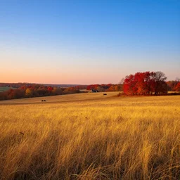 a dry flat land of pastures and farms! with yellow!!! and brown!!! grass, autumn!!!, blue sky, sunset, red colors, medieval era, by asher brown durand and chesley bonestell