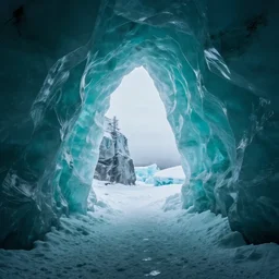 photo inside a teal ice cave
