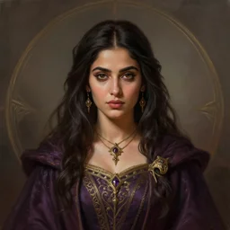 head-on symmetrical centered painted portrait, Mahira Khan as a D&D wizard, medieval magical robes, fantasy, intricate, elegant, highly detailed, digital painting, smooth, sharp focus, illustration, artstation, in the style of Artgerm and Anna Podedworna and Alex Ross