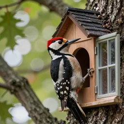 5 5 mm macro photo of a woodpecker inside a house in an oak tree, looking through the window. dof. bokeh. by jari peltomaki. highly detailed 8 k. intricate. lifelike. soft light. cinematic processing
