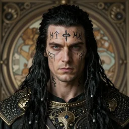 portrait of a young giant charming cunning man with runic face tattoo and long tangles of straight black hair, piercing eyes, wearing royal viking robe, hyper realistic face, epic, very low angle, fantasy art, in the style of greg rutkowski, intricate, alphonse mucha, hyper detailed, smooth