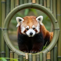 small panda, Surrounded by a circle of bamboo
