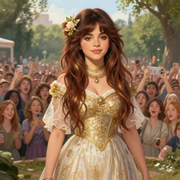 beautiful cottagecore selena gomez!!, standing in front of alot of fans, intricate, stunning, highly detailed, digital painting, artstation, concept art, smooth, sharp, focus, illustration, art by artgerm and greg rutkowski and alphonse mucha