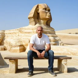 bald man sitting on a bench in front of the sphinx, hyper realistic, hdr