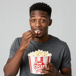 a young black man eating from a tub of popcorn with an amused look on his face