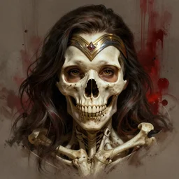 megan fox as gal gadot, skull portrait, bones, skull, dirt, bloody background, fantasy, intricate, elegant, highly detailed, digital painting, artstation, concept art, smooth, sharp focus, illustration, art by afshar petros and krenz cushart and artem demura
