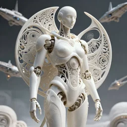 3 d octane render, ultra photorealistic, 8 k hyper detailed image unreal engine, a beautiful of a mystic esoteric robot roman, spaceships and back ground, organic ceramic white, on the art contemporary art, cyberpunk, alphonse mucha