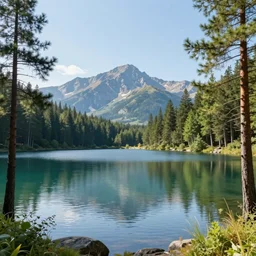 a lake surrounded by pine trees with mountains in the background, digital art, highly detailed, realistic, bright colors, 8 k