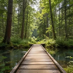 beautiful woods from first person view, small pond and wooden bridge over it, sun rays, ultra realistic, natural, 8 k render