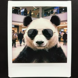 grainy head to shoulder portrait polaroid film photograph of a panda in a mall wearing aviator shades. super resolution. surreal. extremely detailed. polaroid 6 0 0 film. by annie leibovitz and richard avedon