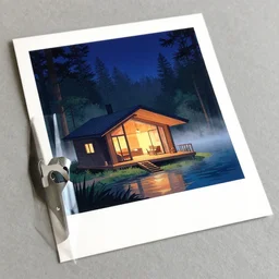 ( ( dither ) ), editorial illustration from an angle at a cozy lakeside cabin designed by zaha hadid in a forest at night, fog, colorful, modern art deco, mads berg, karolis straututniekas. ( ( christopher balskas ), stron perspective, detailed, matte print, lomography, dramatic lighting, unreal engine, risograph