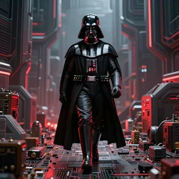 photo of Darth vader walking in a futuristic city in a dystopian future made of electronic components and looks like a giant pcb board. Very detailed 8k. Unreal engine 5 render with nanite, global illumination and path tracing. Cinematic post processing. Emphasize on the colors black and red.