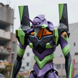 evangelion unit 0 1, zoom shot, telephoto lens, low aperture street level, buildings collapsed