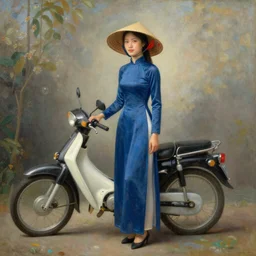 a painting of a tall thin beautiful vietnamese girl in an ao dai dress and a conical hat standing in front of a motorcycle in the style of Fragonard