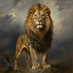 full body portrait of lion barbarian,  extreme very textured detailed portrait oil painting by rembrandt,   dramatic clouds and  atmosphere