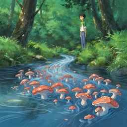 jelly fungus spreading over river inside forest, art by makoto shinkai and alan bean, yukito kishiro