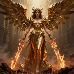 beautiful demoness rising from the ash holding the burning swords of an angel, realistic rendering, octane render, unreal engine, 8 k highly detailed, intricate details, vray, highly detailed, luxury, fractal, golden ratio, elegant, epic, style by greg rutkowski, cinematic lighting