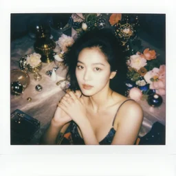beautiful woman surrounded by ornaments and flowers, polaroid photography