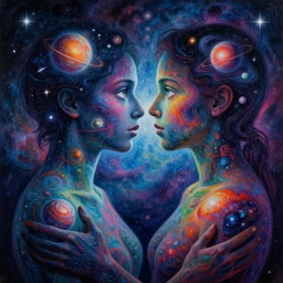 A psychedelic silhouette of a two human bodies embracing one another and staring into each others eyes filled with the universe, planets, stars and galaxies in the style of Alex Grey, highly detailed, digital painting, HDRI, vivid colors, high contrast, 8k resolution, intricate, photorealistic, smooth