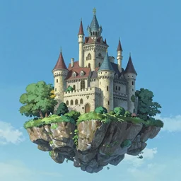 Castle on flying island surrounded by blue sky, beautiful matte painting by Makoto Shinkai,