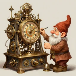 a gnome mad scientist showing off his steampunk clockwork painting machine. intricate, elegant, sharp focus, illustration, highly detailed, digital painting, concept art, matte, art by wlop and artgerm and greg rutkowski and alphonse mucha, masterpiece
