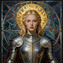 masterpiece head-on symmetrical centered painted portrait, Imogen Poots as a warrior paladin, blonde hair, golden halo, ornate iron armour, ornate abstract fractal stained glass background, elegant, distant, in the style of Edgar Maxence and Ross Tran and Zdzisław Beksiński and Michael Whelan and Anna Podedworna and gustav dore and H.R. Giger, 8k, octane render
