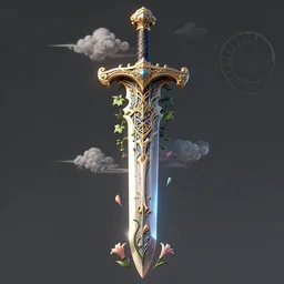 beautiful fantasy giant sword carved with decorative ornament, acanthus scrolls, lilies, ivy, energy, geometry, bones, petals, stems, ceremonial clouds, dripping paint, fibonacci rhythm, artstation, artgerm, wlop, symmetric ornaments, v 0 1
