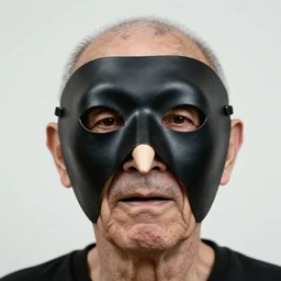 portrait photo of an old wrinkled man, skinny face, bony face, long nose, crooked nose, large full mouth, black pulcinella masquerade mask, pointy conical hat, white wrinkled shirt, presenting pizza, black background, close - up, skin blemishes, menacing, intimidating, masterpiece by michal karcz and yoshitaka amano