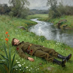 breathtaking detailed soft painting of silver sun river in a green clearing, a young dead soldier laying down with 2 blood holes in his side, light raining on gladioli and watercress, rembrandt style, elegant, highly detailed, artstation, concept art, matte, sharp focus, art by tom bagshaw, and greg rutkowski