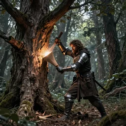midevil knight lumberjack chopping a huge tree in the forest, gorgeous curious gothic art