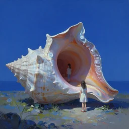 atmospheric painting of a giant seashell house, a young girl stands outside, by moebius and john harris, atmospheric blues, concept art, saturation 40