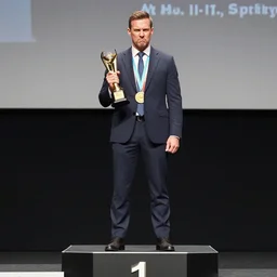 the winner of the angriest man alive award standing on a podium, news photography