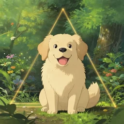 a happy dog, high intricate details, rule of thirds, golden ratio, cinematic light, anime style, over the garden wall by patrick mchale, studio ghibli, makoto shinkai