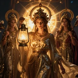 queen of the dawn with her lantern, by Annie Swynnerton and Nicholas Roerich and jean delville, dramatic cinematic lighting , ornate headdress , flowing robes, lost civilizations, extremely detailed