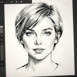 illustration of brittany murphy using computer,, short hair, beautiful face, pretty face, detailed eyes, realistic proportions, realistic face, ink, black and white, style of jim lee, clean lines, jim lee style