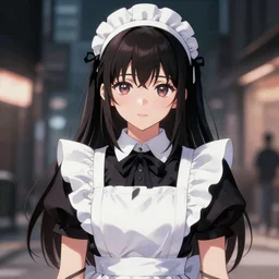 beautiful illustration of anime maid, stunning and rich detail, pretty face and eyes. Dark and urban styled. Full-body shot, upper body.