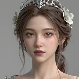 complex 3 d render, ultra detailed, realistic portrait of a beautiful porcelain skin woman, face, wispy, wavy hair worn tied back in a messy bun, wearing filigree silver elven circlet, wide open detailed eyes, round catchlights, flowers in hair, mauve lips, natural makeup, 8 5 mm lens, beautiful, studio portrait, proportional,