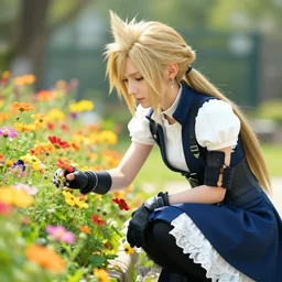 aerith gainsborough of final fantasy 7 picking flowers, dress and vest