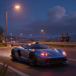 a car in forza horizon with street lights at night. art by ismail inceoglu, filip hodas, and pixar. clouds by rhads. octane render, blender, hyperrealism.