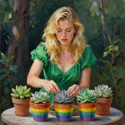 painting by Artgerm of a beautiful blonde woman with shoulder length hair in a forest green dress putting colorful succulents into rainbow pots at a square table